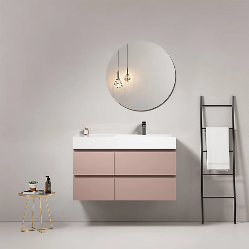 Mobile bagno sospeso 100 cm Rosa Retro Lavabo a Destra in Resina Specchio Tondo - Fiji Paint
