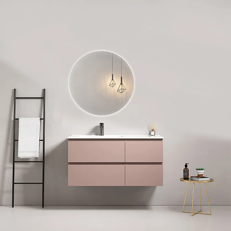 Mobile bagno sospeso 100 cm Rosa Retro Lavabo a Sinistra in Ceramica Specchio Tondo Retroilluminato - Fiji Paint
