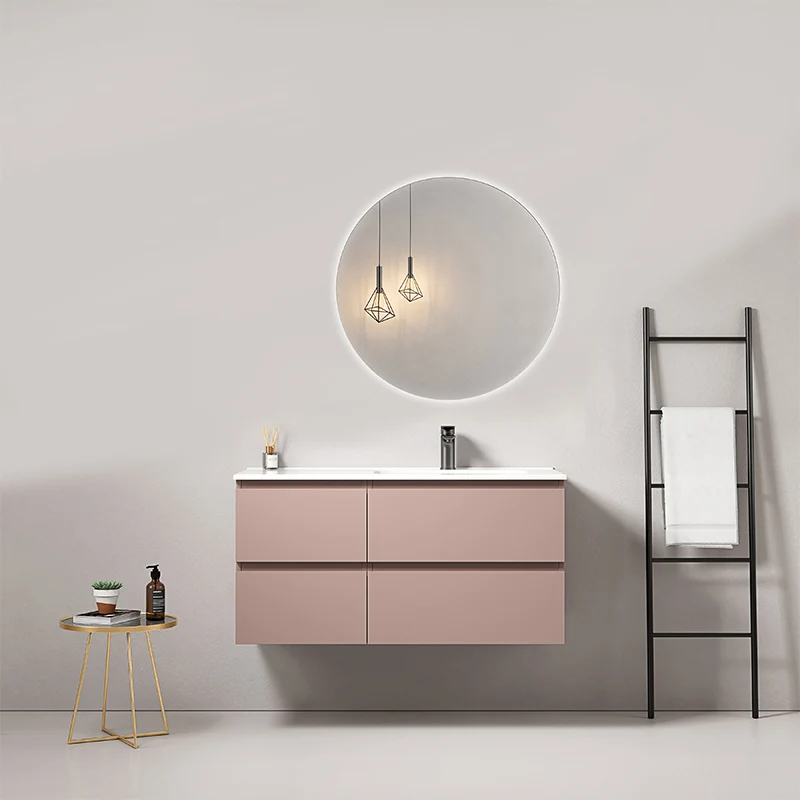 Mobile bagno sospeso 100 cm Rosa Retro Lavabo a Destra in Ceramica Specchio Tondo Retroilluminato - Fiji Paint