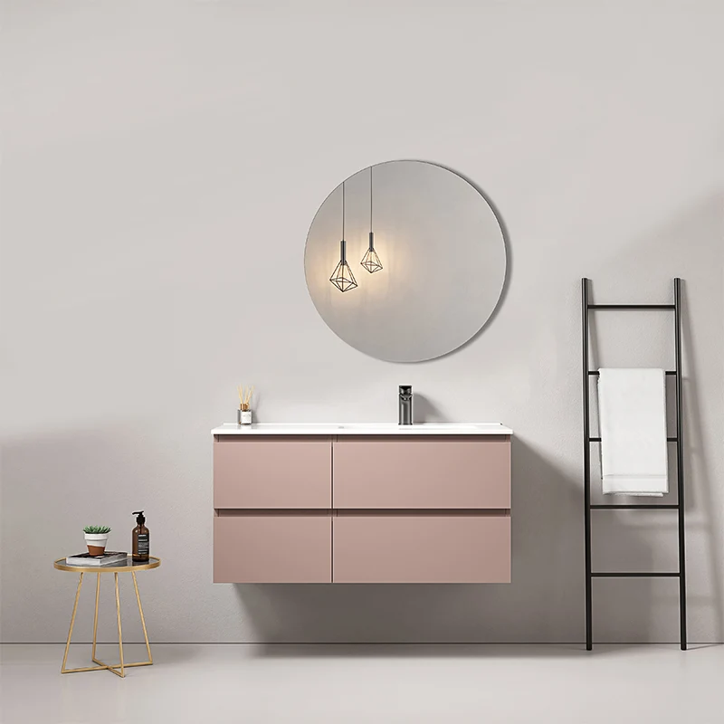 Mobile bagno sospeso 100 cm Rosa Retro Lavabo a Destra in Ceramica Specchio Tondo - Fiji Paint
