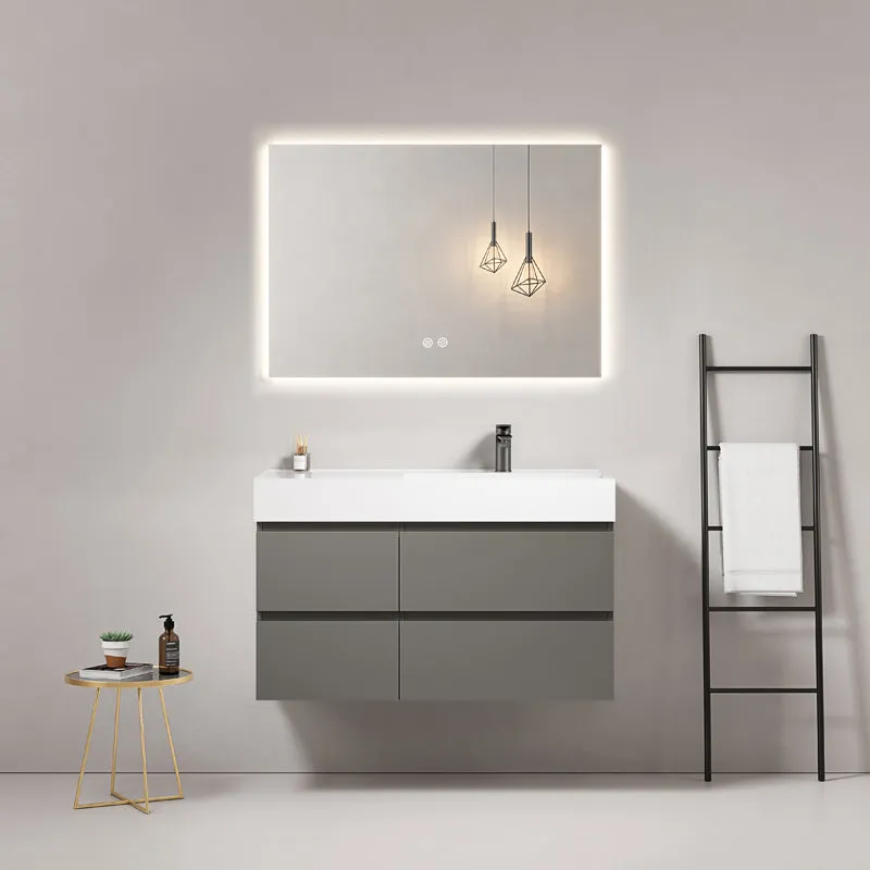 Mobile bagno sospeso 100 cm Grigio Londra Lavabo a Destra in Resina Specchio Quadro Retroilluminato - Fiji Paint