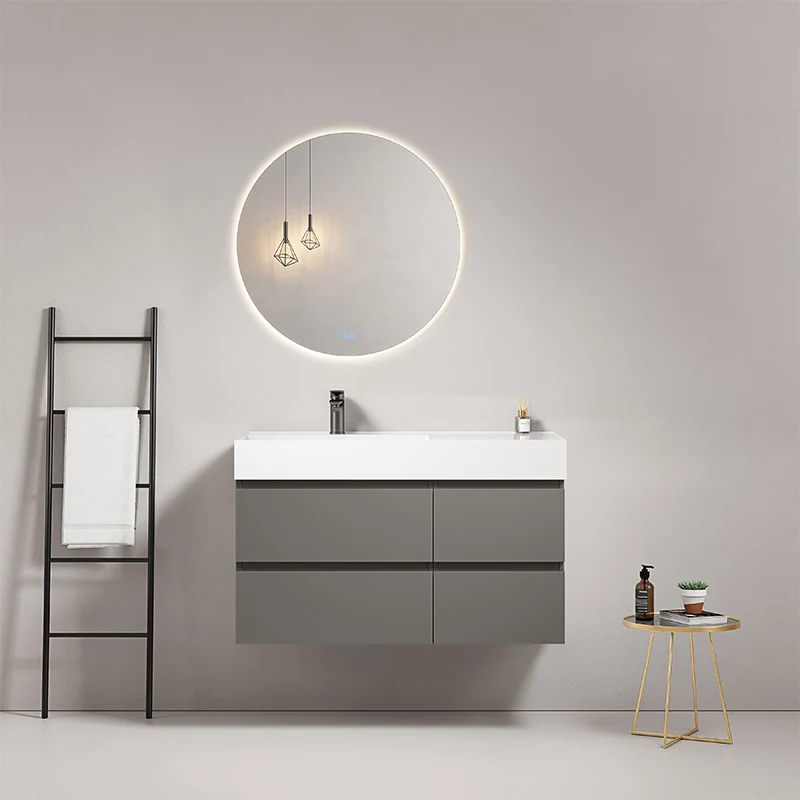 Mobile bagno sospeso 100 cm Grigio Londra Lavabo a Sinistra in Resina Specchio Tondo Retroilluminato - Fiji Paint