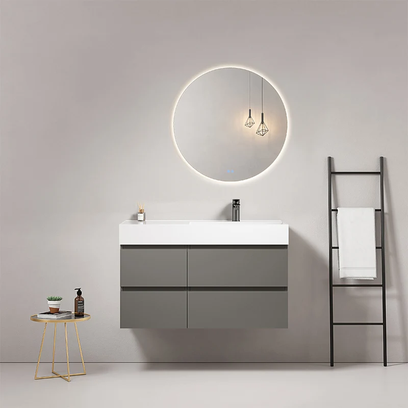 Mobile bagno sospeso 100 cm Grigio Londra Lavabo a Destra in Resina Specchio Tondo Retroilluminato - Fiji Paint