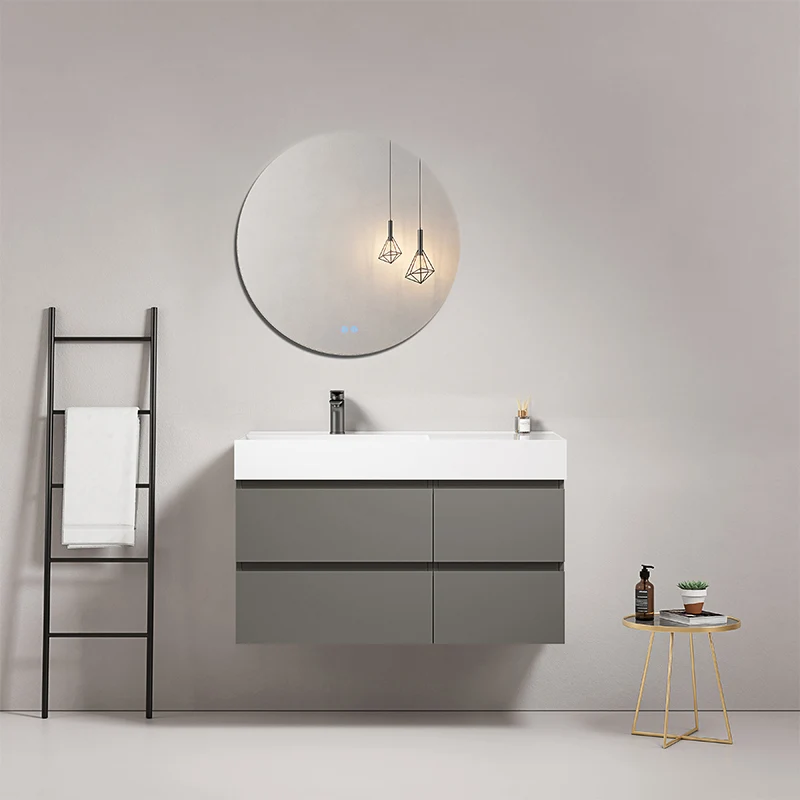 Mobile bagno sospeso 100 cm Grigio Londra Lavabo a Sinistra in Resina Specchio Tondo - Fiji Paint