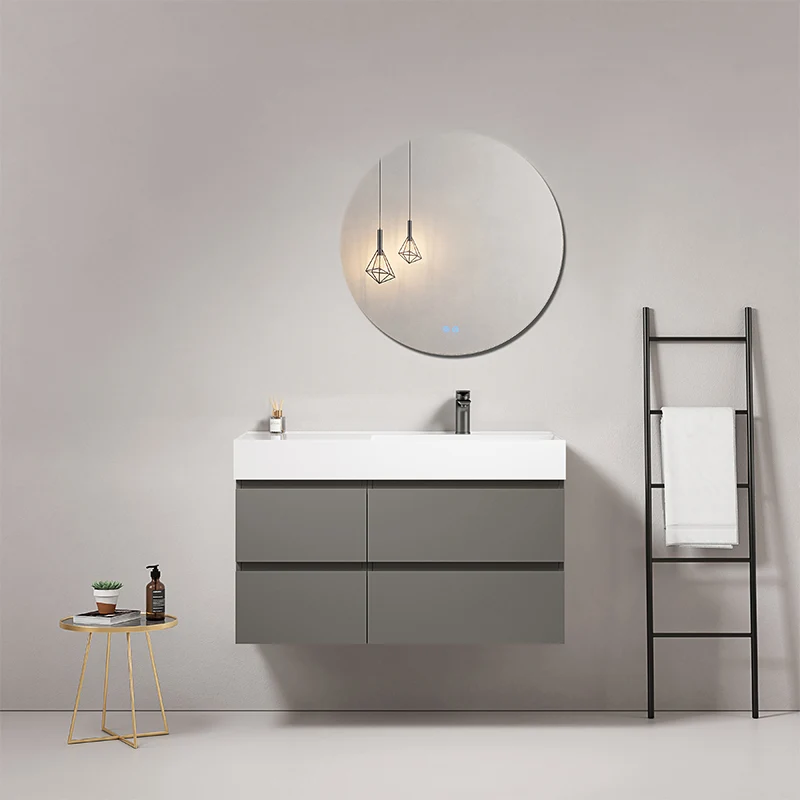 Mobile bagno sospeso 100 cm Grigio Londra Lavabo a Destra in Resina Specchio Tondo - Fiji Paint