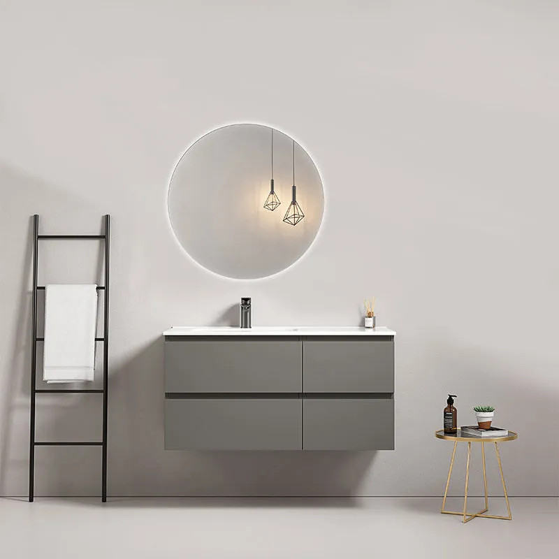 Mobile bagno sospeso 100 cm Grigio Londra Lavabo a Sinistra in Ceramica Specchio Tondo Retroilluminato - Fiji Paint