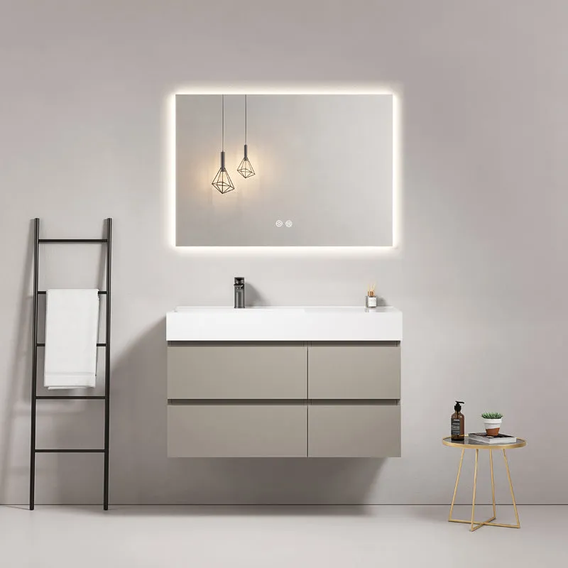 Mobile bagno sospeso 100 cm Grigio Cenere Lavabo a Sinistra in Resina Specchio Quadro Retroilluminato - Fiji Paint