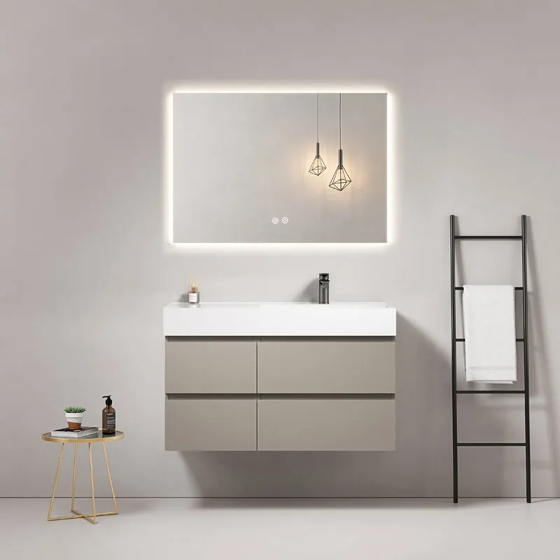 Mobile bagno sospeso 100 cm Grigio Cenere Lavabo a Destra in Resina Specchio Quadro Retroilluminato - Fiji Paint