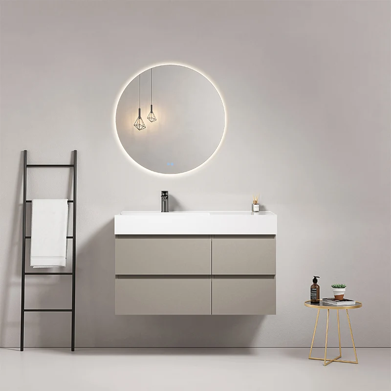 Mobile bagno sospeso 100 cm Grigio Cenere Lavabo a Sinistra in Resina Specchio Tondo Retroilluminato - Fiji Paint