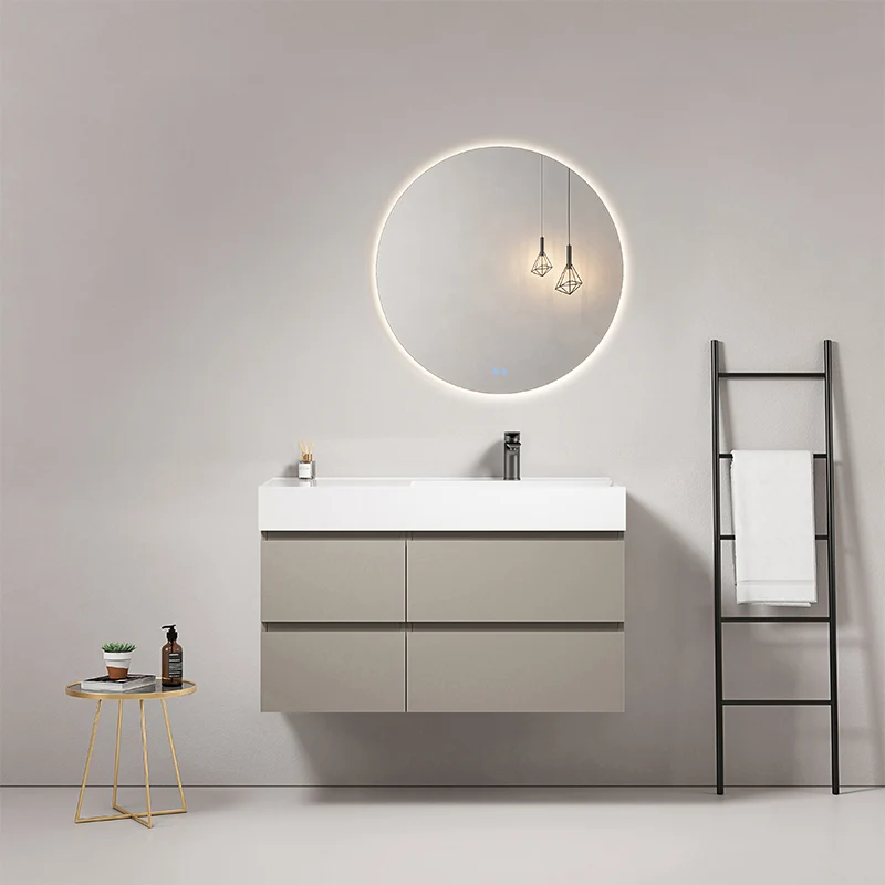 Mobile bagno sospeso 100 cm Grigio Cenere Lavabo a Destra in Resina Specchio Tondo Retroilluminato - Fiji Paint