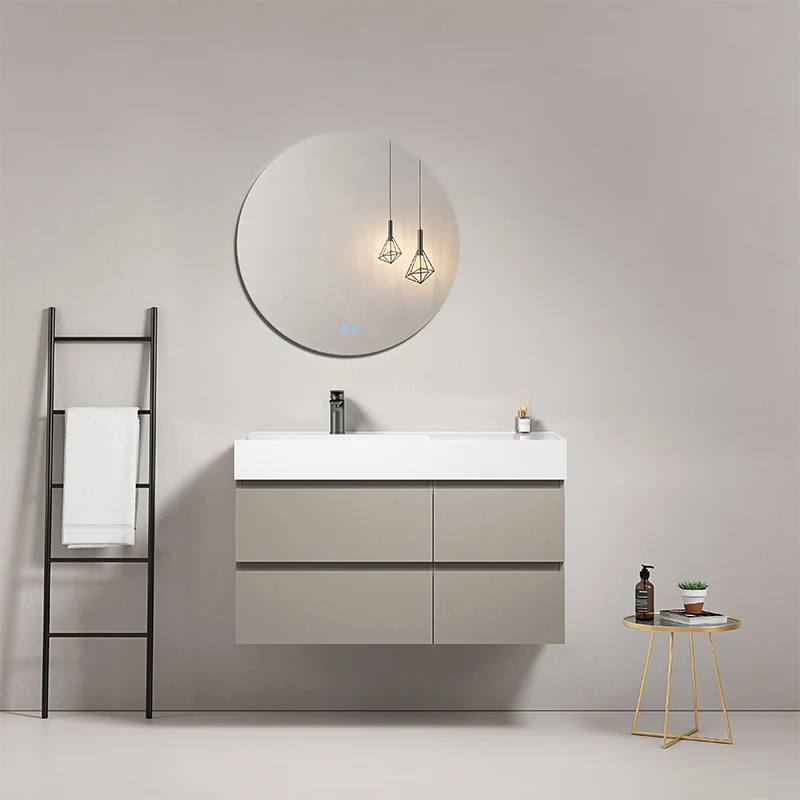 Mobile bagno sospeso 100 cm Grigio Cenere Lavabo a Sinistra in Resina Specchio Tondo - Fiji Paint