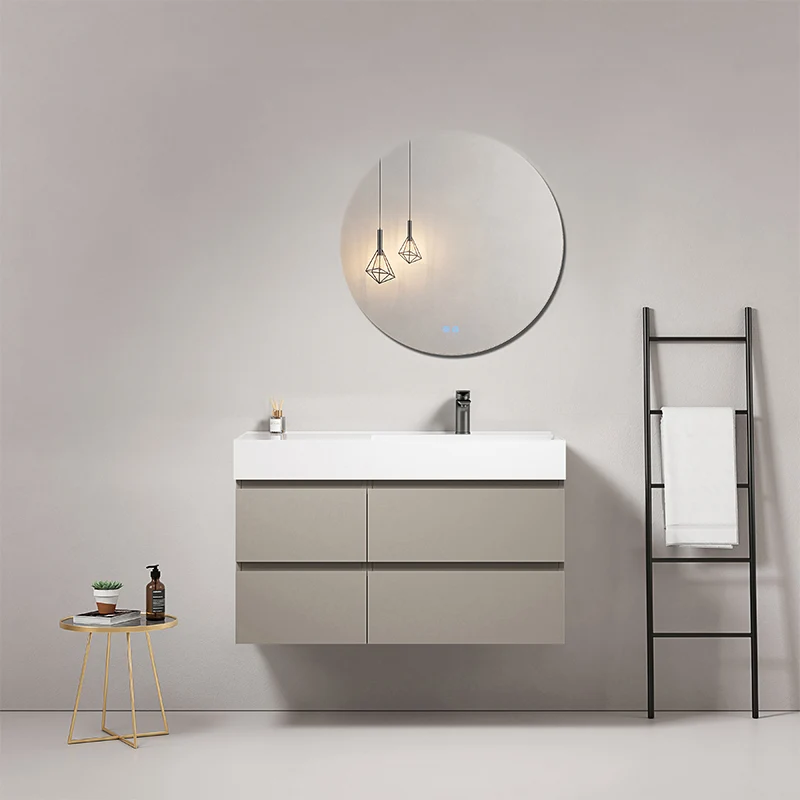 Mobile bagno sospeso 100 cm Grigio Cenere Lavabo a Destra in Resina Specchio Tondo - Fiji Paint