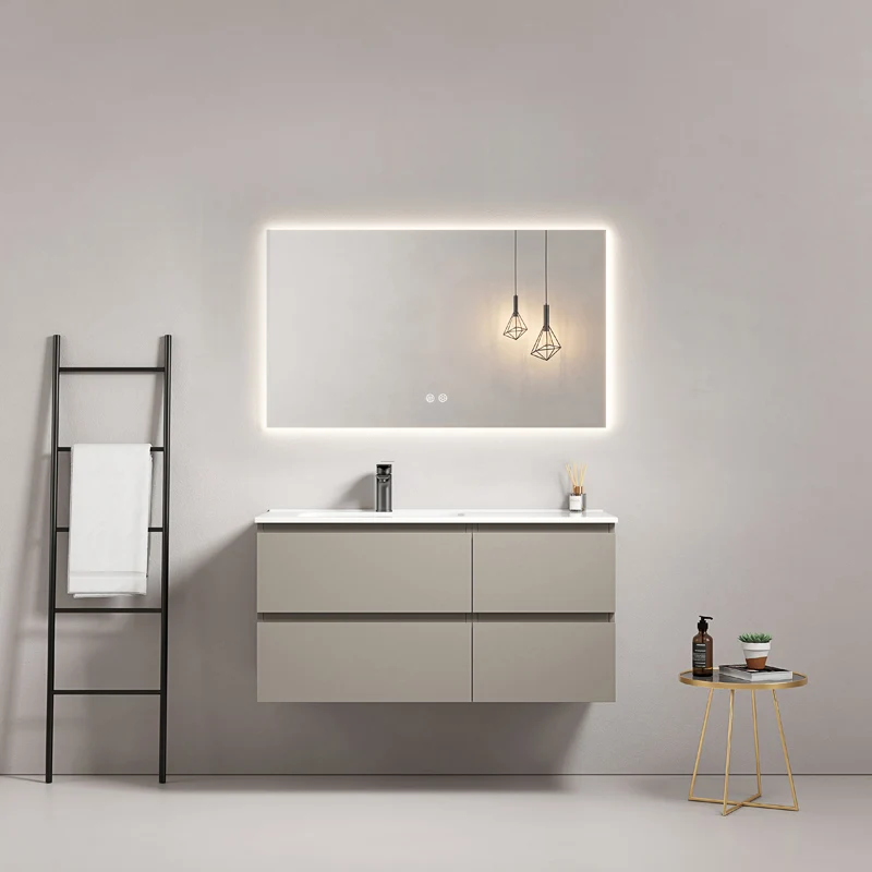 Mobile bagno sospeso 100 cm Grigio Cenere Lavabo a Sinistra in Ceramica Specchio Quadro Retroilluminato - Fiji Paint