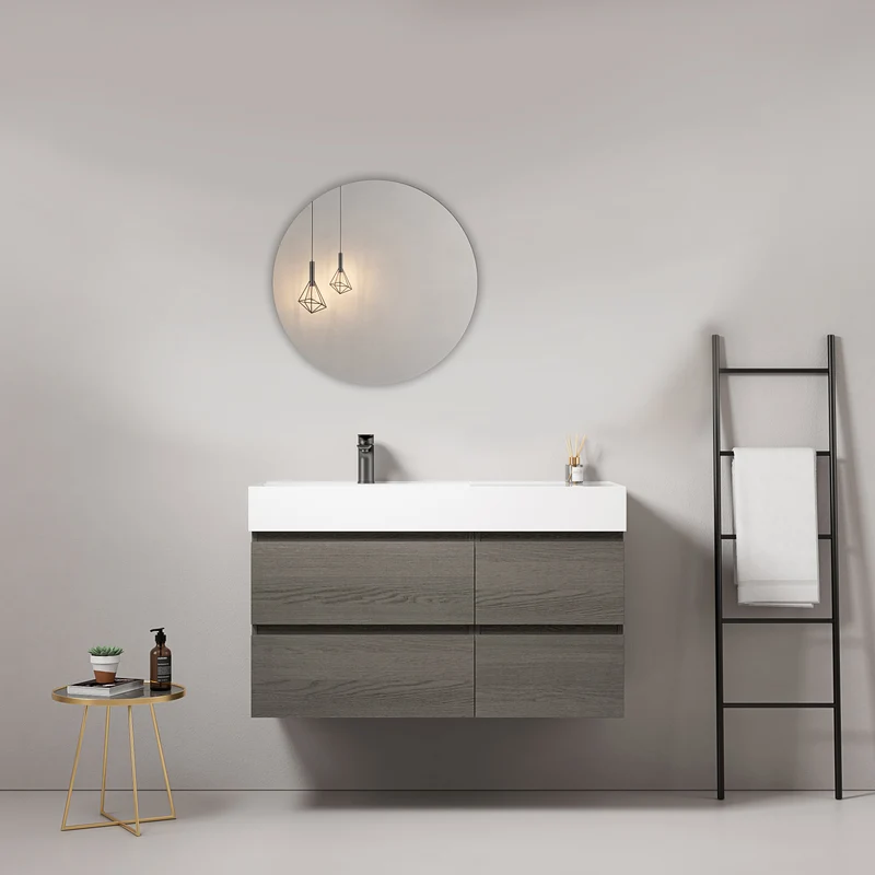 Mobile bagno sospeso 100 cm Grey Lavabo a Sinistra in Resina Specchio Tondo - Fiji Wood