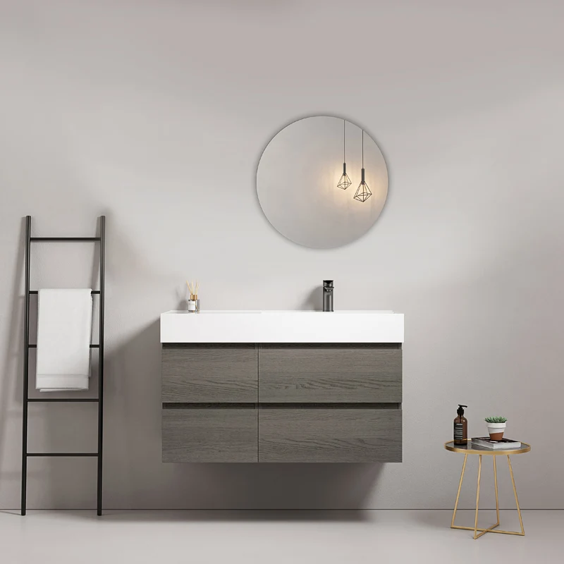 Mobile bagno sospeso 100 cm Grey Lavabo a Destra in Resina Specchio Tondo - Fiji Wood