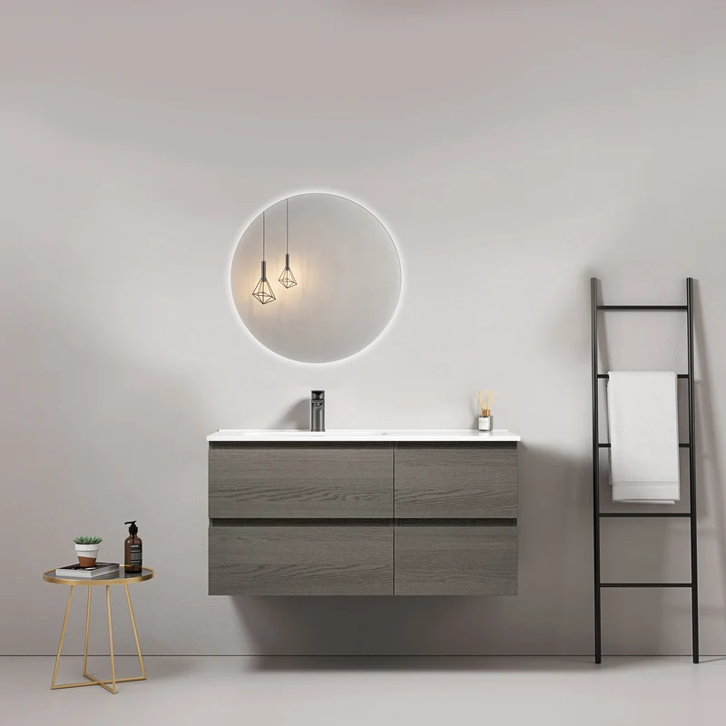 Mobile bagno sospeso 100 cm Grey Lavabo a Sinistra in Ceramica Specchio Tondo Retroilluminato - Fiji Wood