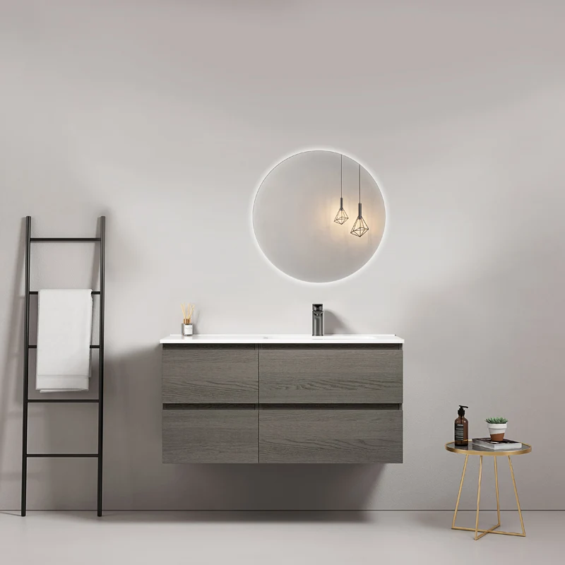 Mobile bagno sospeso 100 cm Grey Lavabo a Destra in Ceramica Specchio Tondo Retroilluminato - Fiji Wood