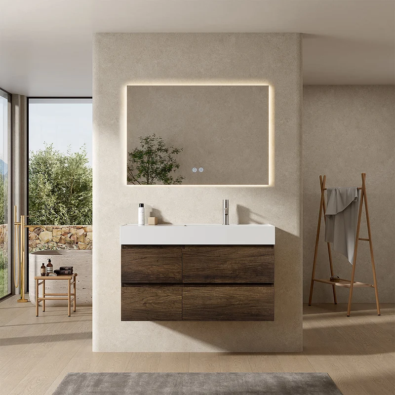 Mobile bagno sospeso 100 cm Bruno Scuro Lavabo a Destra in Resina Specchio Quadro Retroilluminato - Fiji Wood