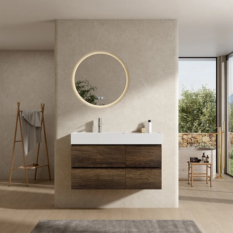 Mobile bagno sospeso 100 cm Bruno Scuro Lavabo a Sinistra in Resina Specchio Tondo Retroilluminato - Fiji Wood
