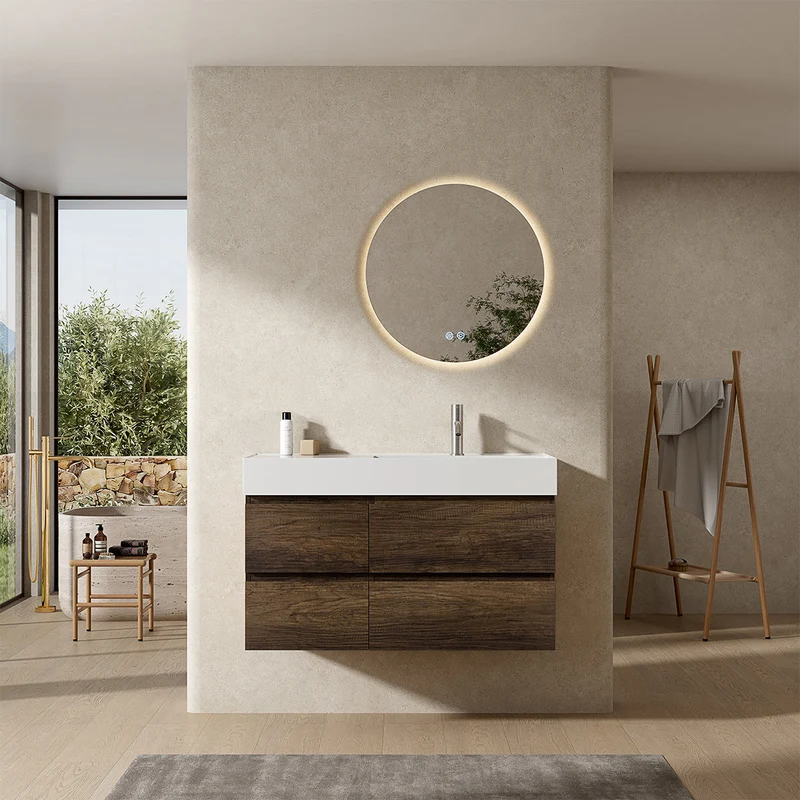Mobile bagno sospeso 100 cm Bruno Scuro Lavabo a Destra in Resina Specchio Tondo Retroilluminato - Fiji Wood