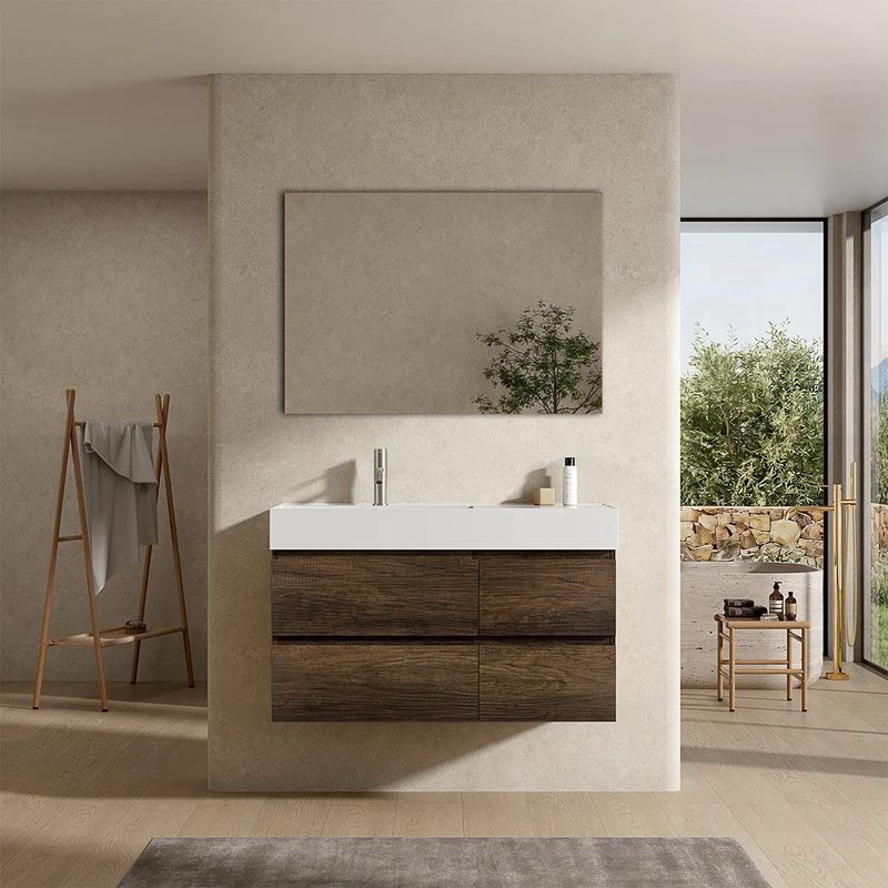 Mobile bagno sospeso 100 cm Bruno Scuro Lavabo a Sinistra in Resina Specchio Quadro - Fiji Wood