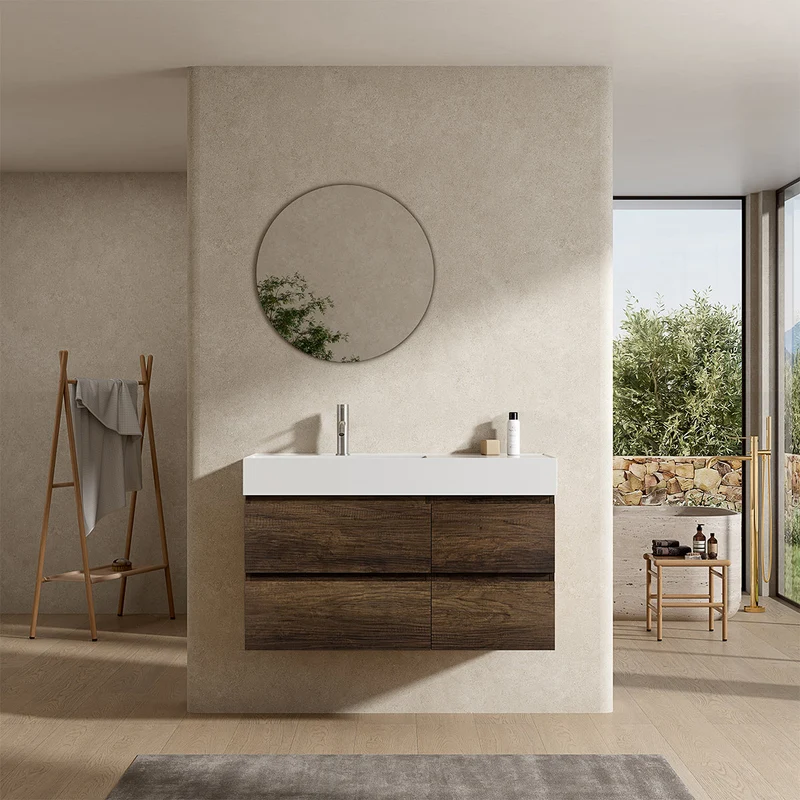 Mobile bagno sospeso 100 cm Bruno Scuro Lavabo a Sinistra in Resina Specchio Tondo - Fiji Wood