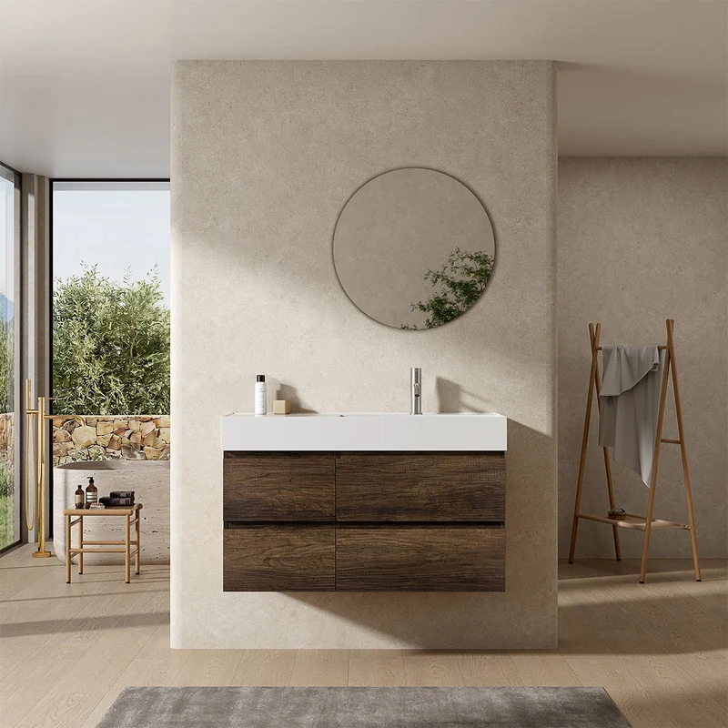 Mobile bagno sospeso 100 cm Bruno Scuro Lavabo a Destra in Resina Specchio Tondo - Fiji Wood
