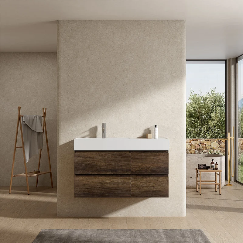 Mobile bagno sospeso 100 cm Bruno Scuro Lavabo a Sinistra in Resina Senza Specchio - Fiji Wood