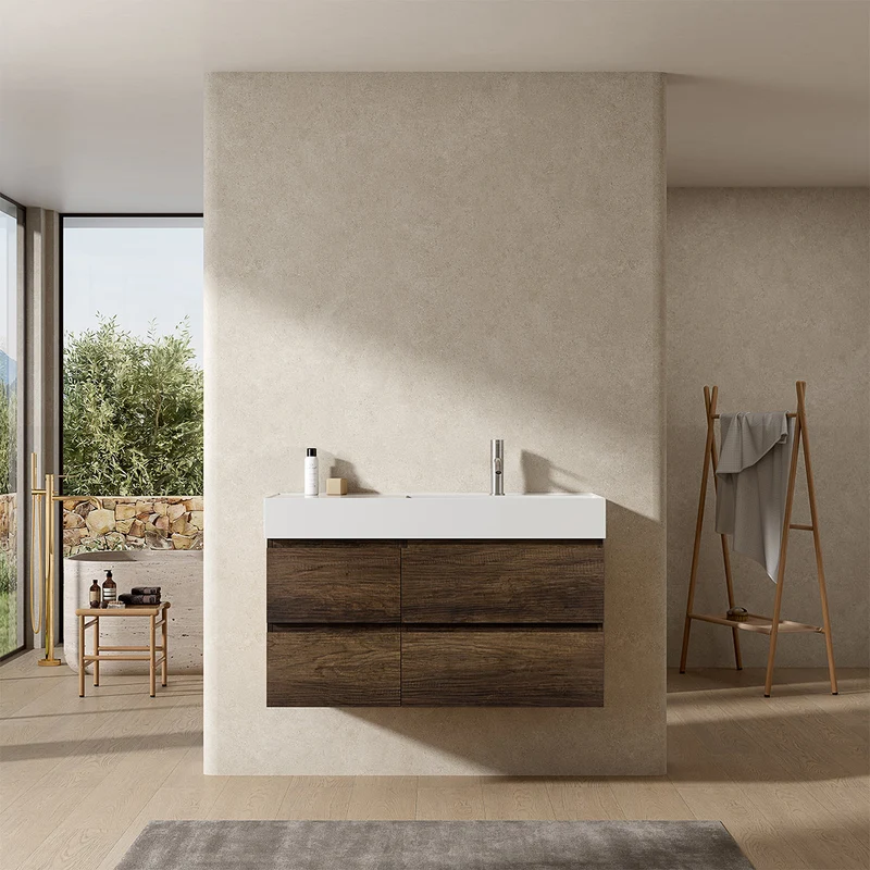 Mobile bagno sospeso 100 cm Bruno Scuro Lavabo a Destra in Resina Senza Specchio - Fiji Wood