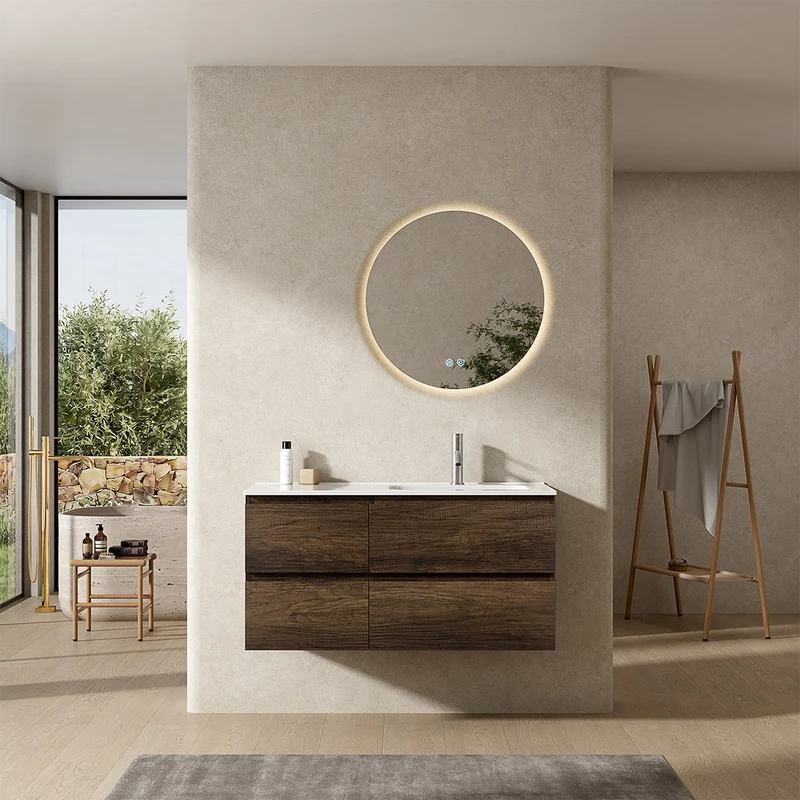 Mobile bagno sospeso 100 cm Bruno Scuro Lavabo a Destra in Ceramica Specchio Tondo Retroilluminato - Fiji Wood