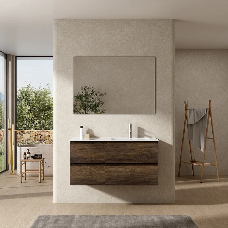 Mobile bagno sospeso 100 cm Bruno Scuro Lavabo a Destra in Ceramica Specchio Quadro - Fiji Wood