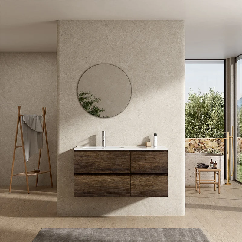Mobile bagno sospeso 100 cm Bruno Scuro Lavabo a Sinistra in Ceramica Specchio Tondo - Fiji Wood