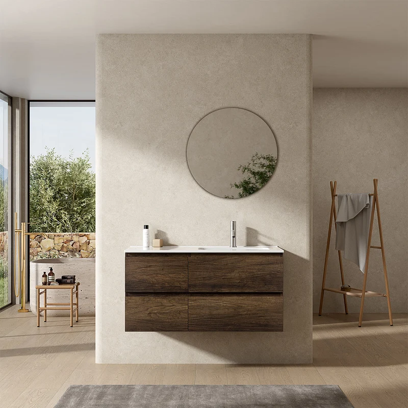 Mobile bagno sospeso 100 cm Bruno Scuro Lavabo a Destra in Ceramica Specchio Tondo - Fiji Wood