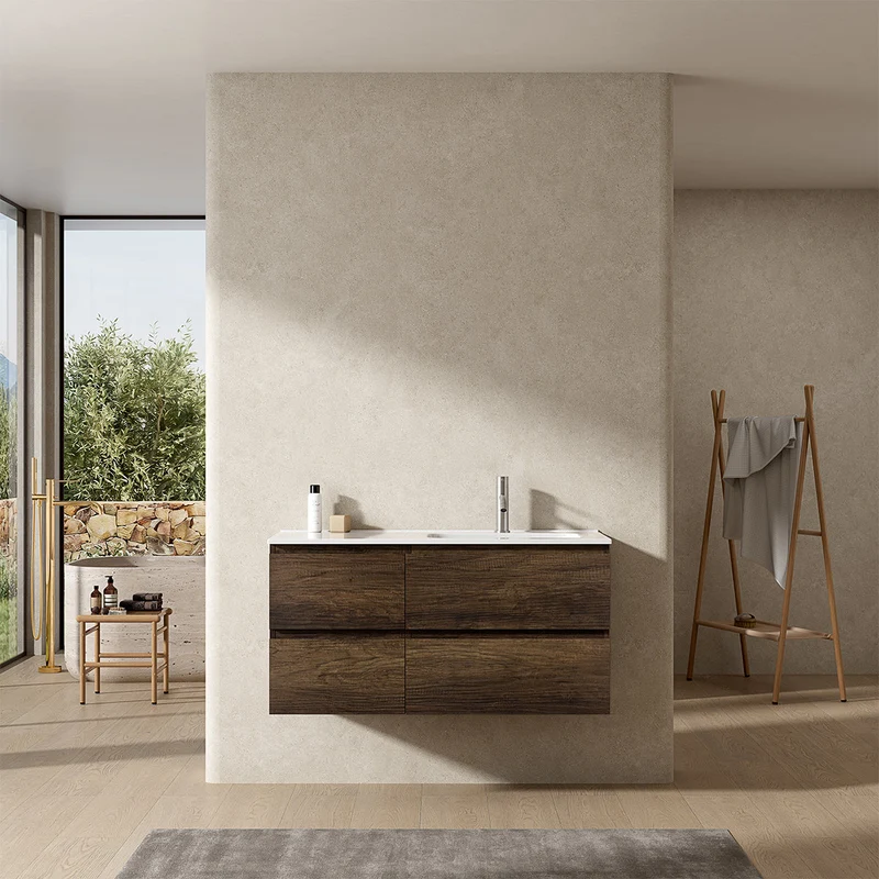 Mobile bagno sospeso 100 cm Bruno Scuro Lavabo a Destra in Ceramica Senza Specchio - Fiji Wood