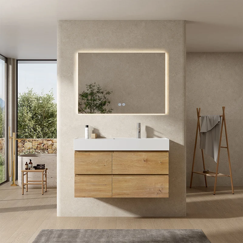 Mobile bagno sospeso 100 cm Bruno Medio Lavabo a Destra in Resina Specchio Quadro Retroilluminato - Fiji Wood