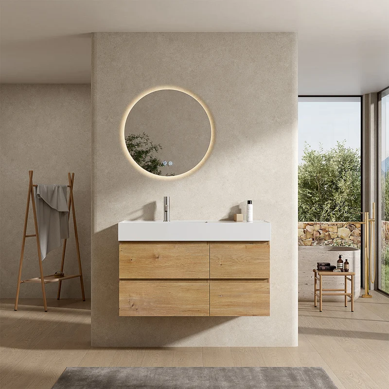 Mobile bagno sospeso 100 cm Bruno Medio Lavabo a Sinistra in Resina Specchio Tondo Retroilluminato - Fiji Wood