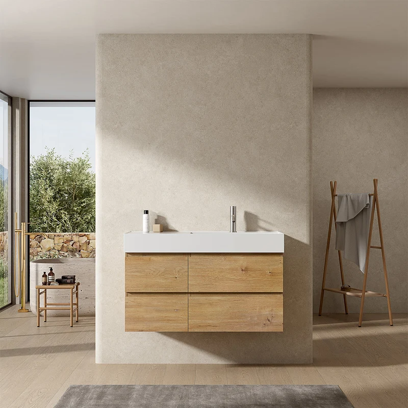 Mobile bagno sospeso 100 cm Bruno Medio Lavabo a Destra in Resina Senza Specchio - Fiji Wood