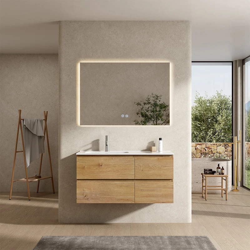Mobile bagno sospeso 100 cm Bruno Medio Lavabo a Sinistra in Ceramica Specchio Quadro Retroilluminato - Fiji Wood