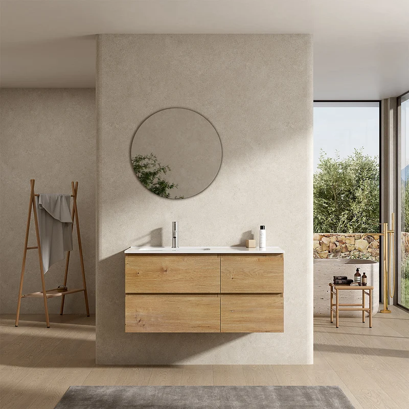 Mobile bagno sospeso 100 cm Bruno Medio Lavabo a Sinistra in Ceramica Specchio Tondo - Fiji Wood
