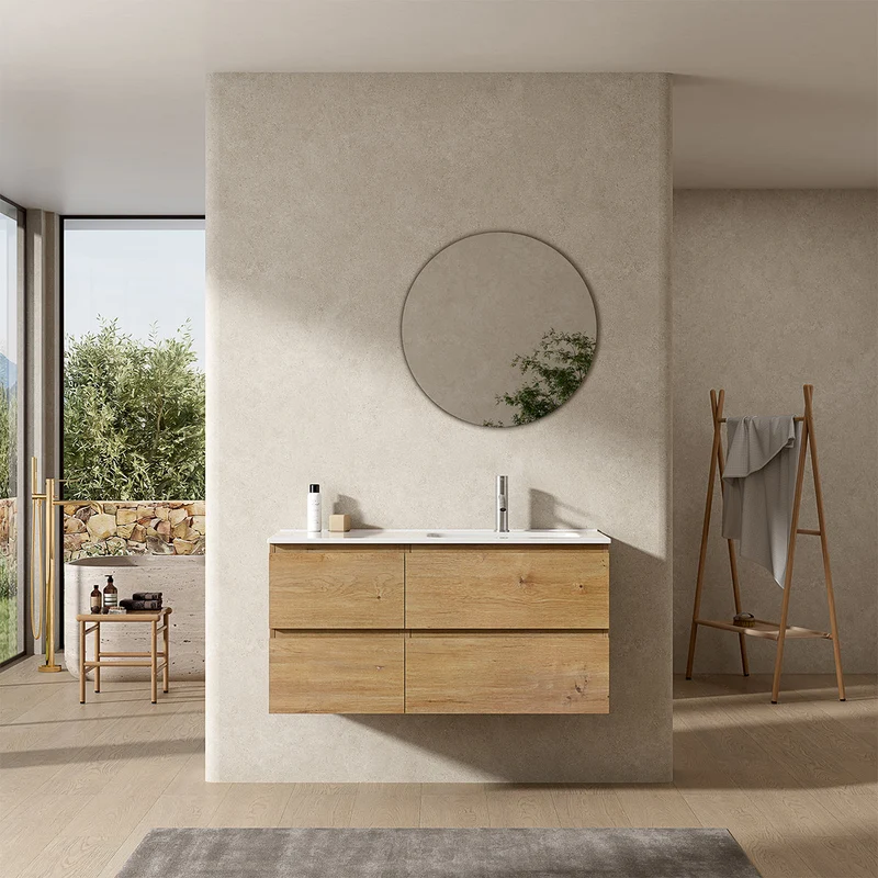 Mobile bagno sospeso 100 cm Bruno Medio Lavabo a Destra in Ceramica Specchio Tondo - Fiji Wood
