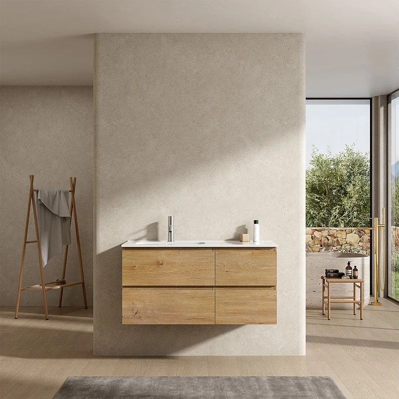 Mobile bagno sospeso 100 cm Bruno Medio Lavabo a Sinistra in Ceramica Senza Specchio - Fiji Wood