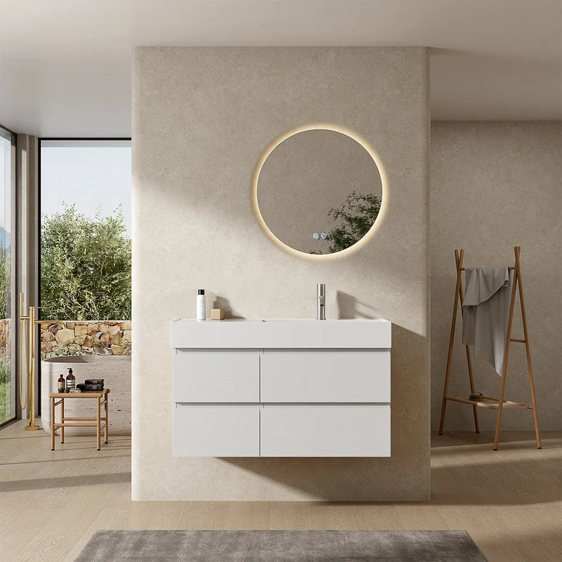 Mobile bagno sospeso 100 cm Bianco Lavabo a Destra in Resina Specchio Tondo Retroilluminato - Fiji Wood