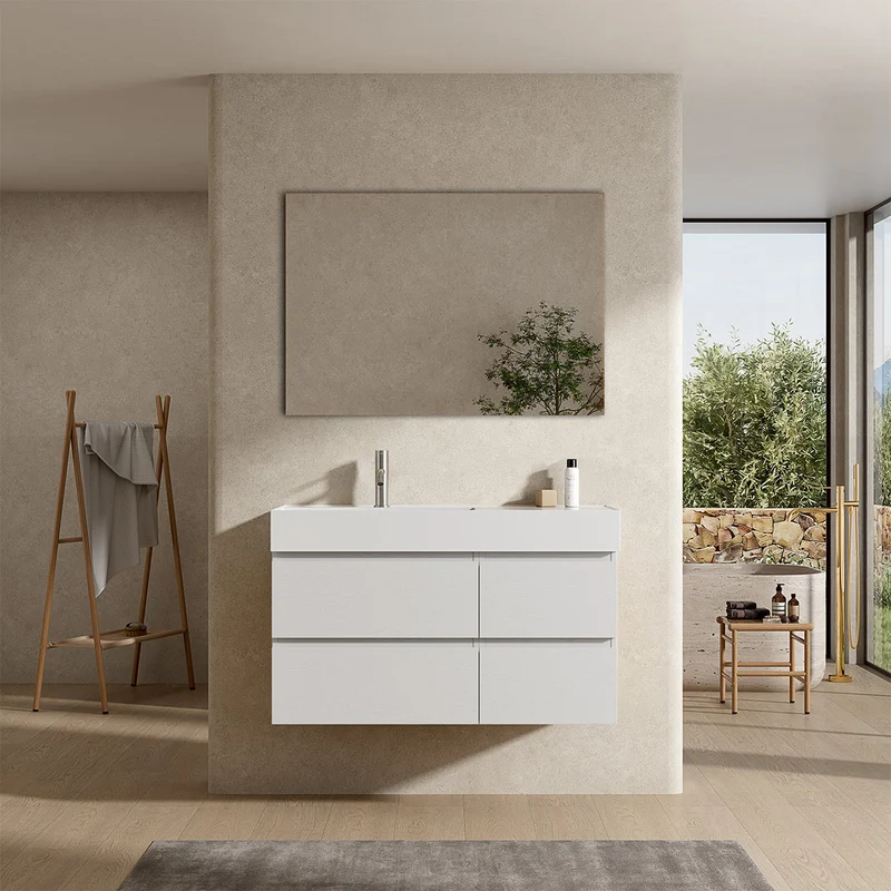 Mobile bagno sospeso 100 cm Bianco Lavabo a Sinistra in Resina Specchio Quadro - Fiji Wood