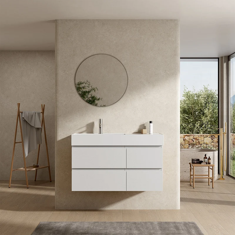 Mobile bagno sospeso 100 cm Bianco Lavabo a Sinistra in Resina Specchio Tondo - Fiji Wood
