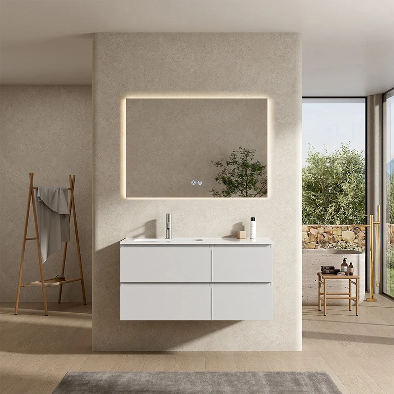 Mobile bagno sospeso 100 cm Bianco Lavabo a Sinistra in Ceramica Specchio Quadro Retroilluminato - Fiji Wood