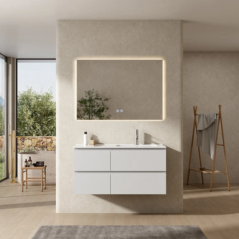 Mobile bagno sospeso 100 cm Bianco Lavabo a Destra in Ceramica Specchio Quadro Retroilluminato - Fiji Wood