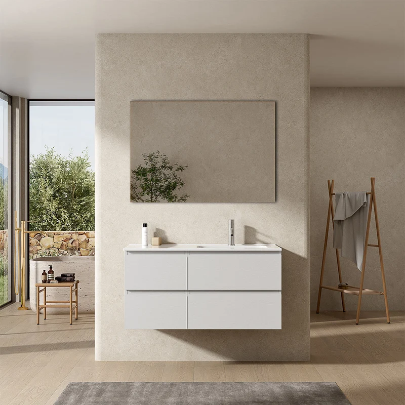 Mobile bagno sospeso 100 cm Bianco Lavabo a Destra in Ceramica Specchio Quadro - Fiji Wood
