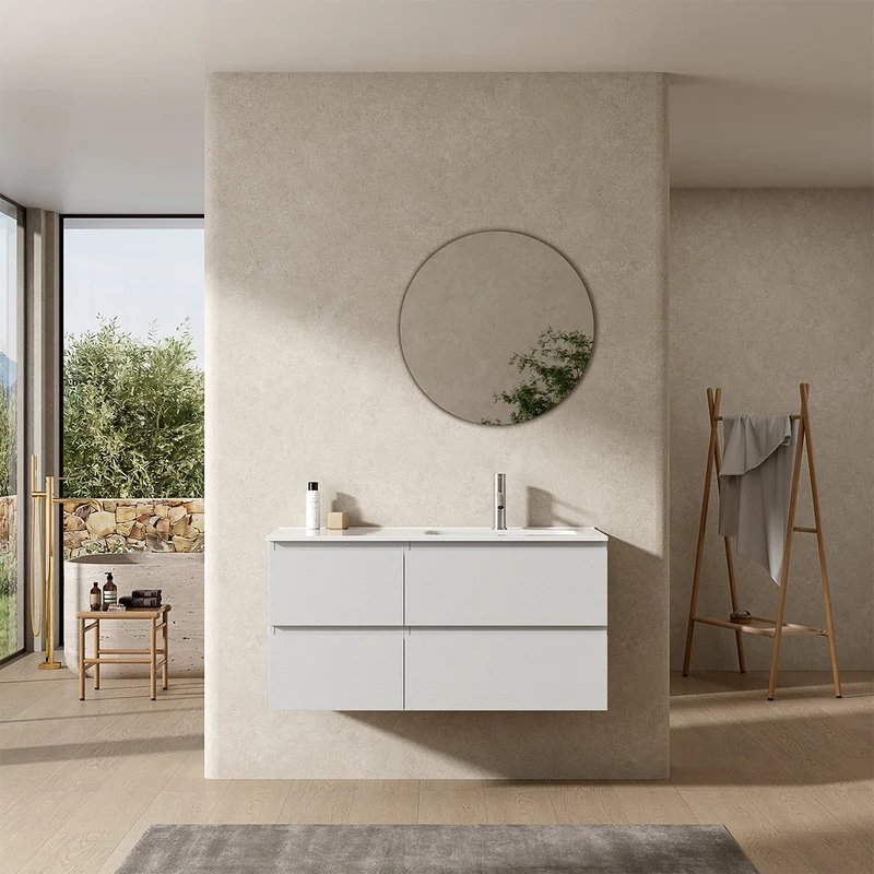 Mobile bagno sospeso 100 cm Bianco Lavabo a Destra in Ceramica Specchio Tondo - Fiji Wood