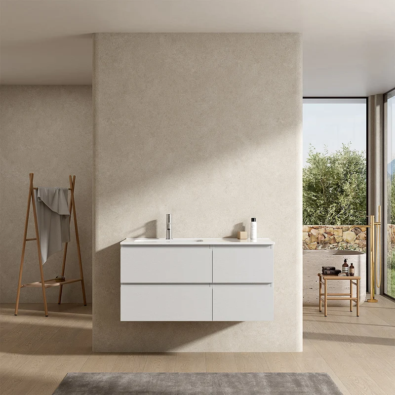Mobile bagno sospeso 100 cm Bianco Lavabo a Sinistra in Ceramica Senza Specchio - Fiji Wood