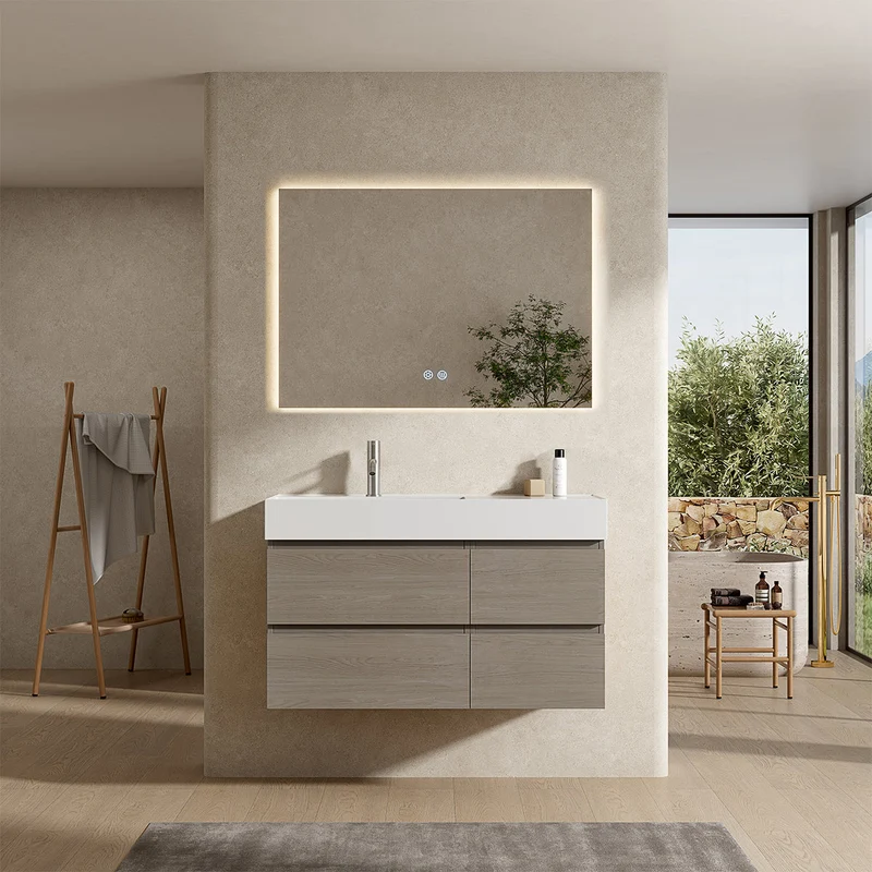 Mobile bagno sospeso 100 cm Beige Lavabo a Sinistra in Resina Specchio Quadro Retroilluminato - Fiji Wood